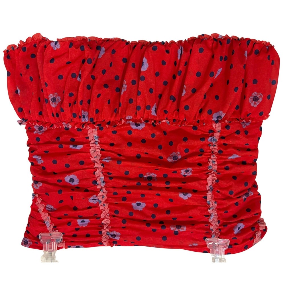 Free People Hot Red Combo Floral Polka Dot Smocked Tube Top LARGE NWT Mothers